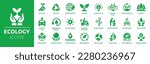 Ecology icon set. Environment, sustainability, nature, recycle, renewable energy; electric bike, eco-friendly, forest, wind power, green symbol. Solid icons vector collection.