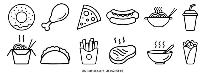 Junk food flat line icons set. Burger, fast snacks, sandwich, french fries, hot dog, mexican burrito, pizza vector illustrations. Thin signs for restaurant menu.