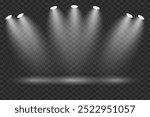 Light spotlights on a transparent background. Stage lighting effect.