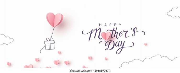 Mother's day postcard with paper flying elements and gift box on white sky background. Vector symbols of love in shape of heart for greeting card design