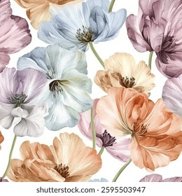 Pastel-colored poppies in soft pinks and oranges on a white background, watercolor flower seamless pattern. Watercolor print in rustic vintage style, textile or wallpapers.