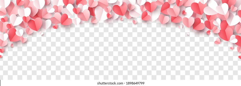 Red, rose pink and white hearts border isolated on transparent background. Vector illustration. Paper cut decorations for Valentine's day design