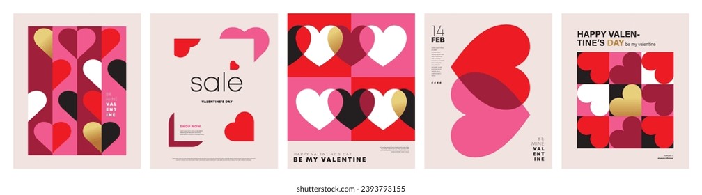 Set of Valentine's Day poster, greeting card, cover, label, sale promotion templates, pattern background in modern trendy geometric style.