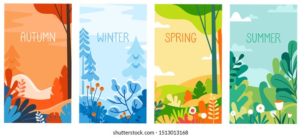 Vector illustration in flat simple style - seasonal vertical banners for social media stories wallpaper - autumn, winter, spring and summer landscapes with copy space for text
